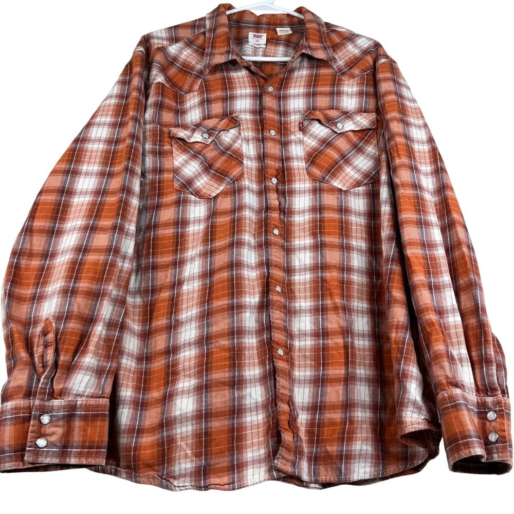 Levis Western Shirt Mens XXL Orange Plaid Pearl Snap Long Sleeve Cotton Standard